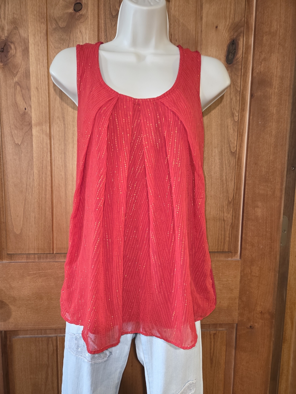 New York & Company Red‎ Sleeveless Scoop Neck Metallic Thread Top